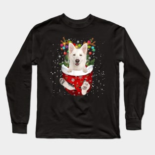 White German Shepherd Reindeer In Pocket Christmas Long Sleeve T-Shirt